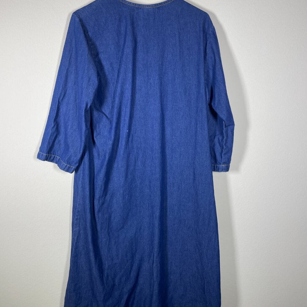 Vintage 90s Blair Denim Maxi Dress Floral Embroidery Button Front A-Line Medium! - Picture 7 of 8